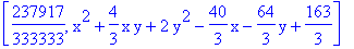 [237917/333333, x^2+4/3*x*y+2*y^2-40/3*x-64/3*y+163/3]